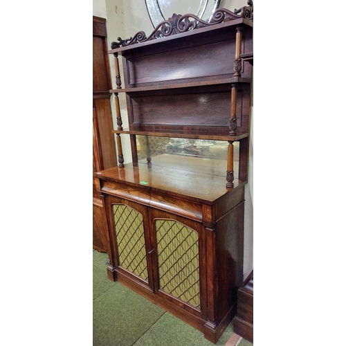 644 - Fine Rosewood Mirror Back Shelved Chiffonier with 2 Drawers and Brass Lattice Fabric Backed Cupboard... 