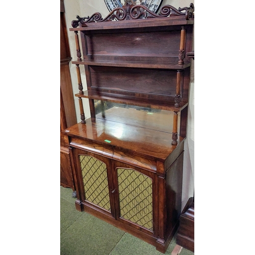 644 - Fine Rosewood Mirror Back Shelved Chiffonier with 2 Drawers and Brass Lattice Fabric Backed Cupboard... 