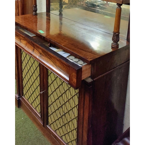 644 - Fine Rosewood Mirror Back Shelved Chiffonier with 2 Drawers and Brass Lattice Fabric Backed Cupboard... 