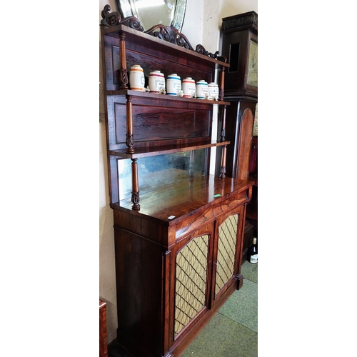 644 - Fine Rosewood Mirror Back Shelved Chiffonier with 2 Drawers and Brass Lattice Fabric Backed Cupboard... 