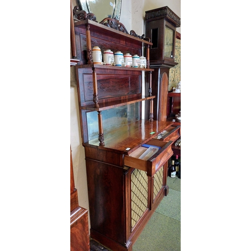 644 - Fine Rosewood Mirror Back Shelved Chiffonier with 2 Drawers and Brass Lattice Fabric Backed Cupboard... 