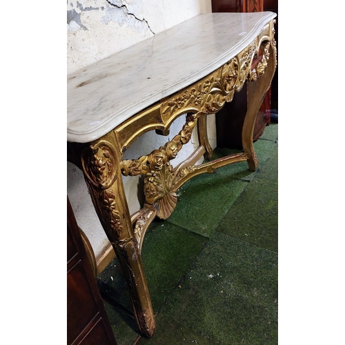 652 - Victorian Giltwood Console Table with Marble Top over a Scalloped Stretcher - C. 130cm W x 52cm D x ... 