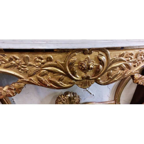 652 - Victorian Giltwood Console Table with Marble Top over a Scalloped Stretcher - C. 130cm W x 52cm D x ... 