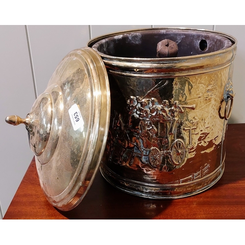 653 - Round Brass Lidded Coal Bucket - C. 30cm W