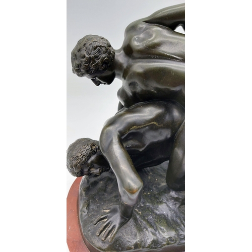 655 - Bronze Figure of Wrestlers on Marble Base - C. 30cm W x 27cm H