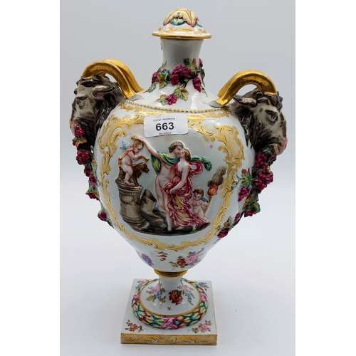 663 - 19th Century Dresden Porcelain Urn with Goat Head Handles - C. 33cm H