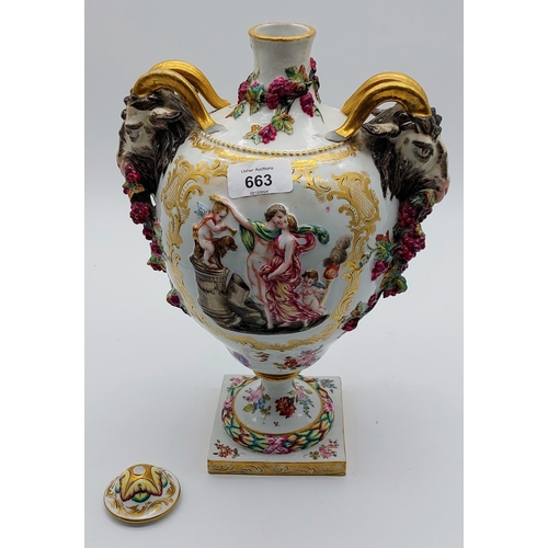 663 - 19th Century Dresden Porcelain Urn with Goat Head Handles - C. 33cm H