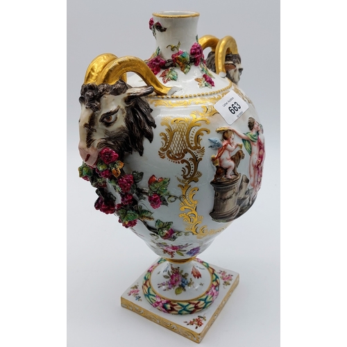 663 - 19th Century Dresden Porcelain Urn with Goat Head Handles - C. 33cm H