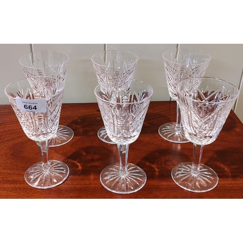 664 - 6 Waterford Cut Glass Wine Glasses