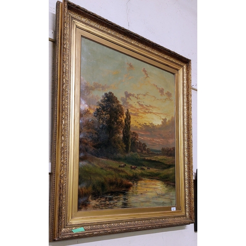 697 - Large 19th Century Gilt Frame Oil on Canvas Country Scene - H? Jones 1875 - C. 70cm W x 90cm H (meas... 