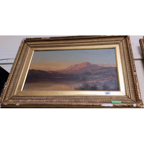 699 - 19th Century Gilt Framed Oil on Canvas Scottish Lake Scene - Signed F Muscham..? - C. 75cm W x 40cm ... 