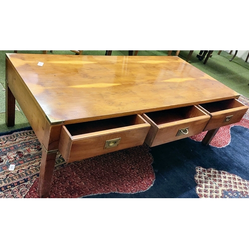 720 - Brass Bound Campaign Style Coffee Table with 3 Drawers - C. 122cm W x 56cm D x 41cm H