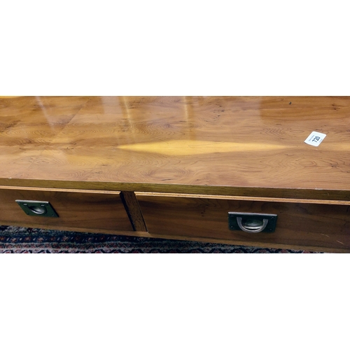 720 - Brass Bound Campaign Style Coffee Table with 3 Drawers - C. 122cm W x 56cm D x 41cm H