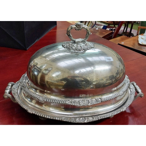 733 - Large Silver Plate Meat Cover with Handled Warming Platter - C. 64cm W