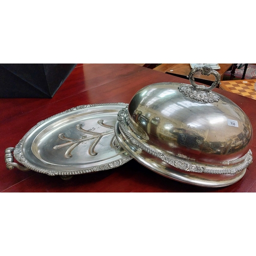 733 - Large Silver Plate Meat Cover with Handled Warming Platter - C. 64cm W