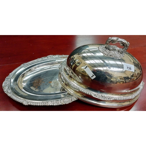 735 - Small Silver Plate Meat Cover and Platter - C. 37cm W