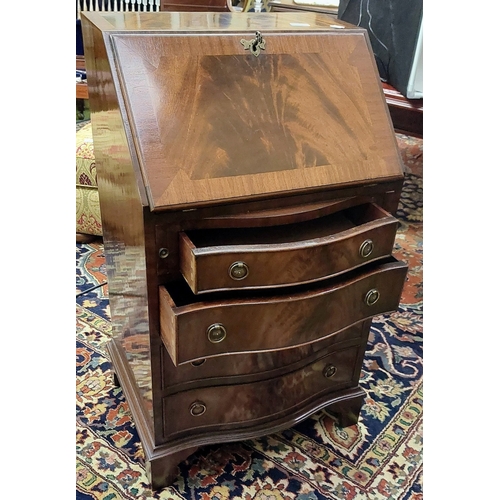 738 - Mahogany Cross Banded Serpentine Front Writing Bureau with 4 Drawers and a Gilt Tooled Leather Slope... 