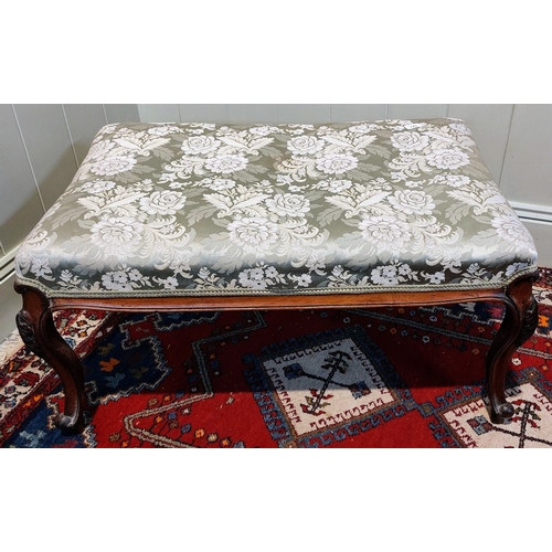 741 - Large Victorian Carved Mahogany Upholstered Stool - C. 85cm W x 57cm D x 43cm H