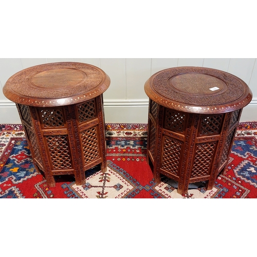 743 - Pair of Highly Carved Mahogany Benaris Tables with Brass Inlay - C. 45cm W x 49cm H