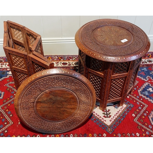 743 - Pair of Highly Carved Mahogany Benaris Tables with Brass Inlay - C. 45cm W x 49cm H