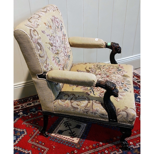 751 - Highly Carved Early 19th Century Mahogany Tapestry Covered Armchair with Lion Head Armrests and Paw ... 