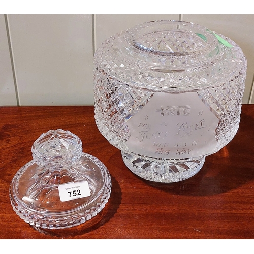 752 - Waterford Cut Glass Bowl and Lid - Presented to Josef Locke by RTE - C. 23cm W x 30cm H