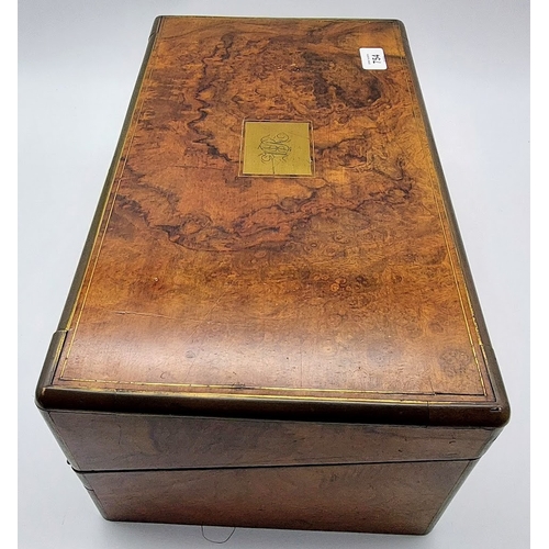 754 - 19th Century Brass Bound Walnut Writing Slope with Brass Inlay and Leather Writing Slope - C. 46cm W... 