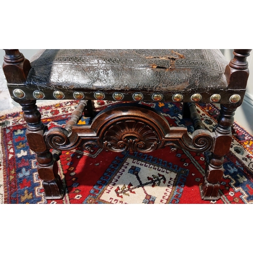 756 - Early 19th Century Carved Oak Hall Chair with Brass Studded Embossed Leather