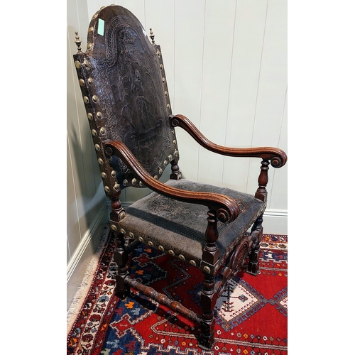 756 - Early 19th Century Carved Oak Hall Chair with Brass Studded Embossed Leather