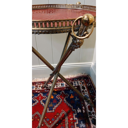 762 - Unusual Brass Tripod Base Tile Top Table with Pierced Brass Gallery Rail - C. 50cm W x 77cm H