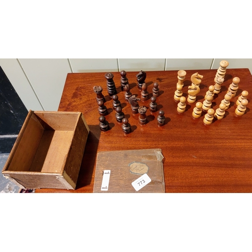 773 - Cased Set of Antique Wooden Chess Pieces