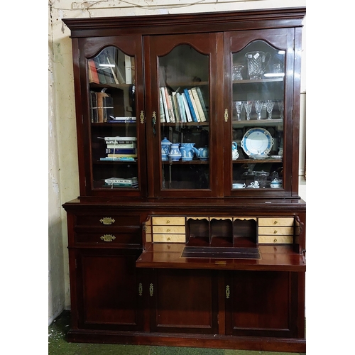 801 - Fine Mahogany 3 Door Glazed Secretaire Bookcase with Gilt Tooled Leather Slope - C. 168cm W x 53cm D... 