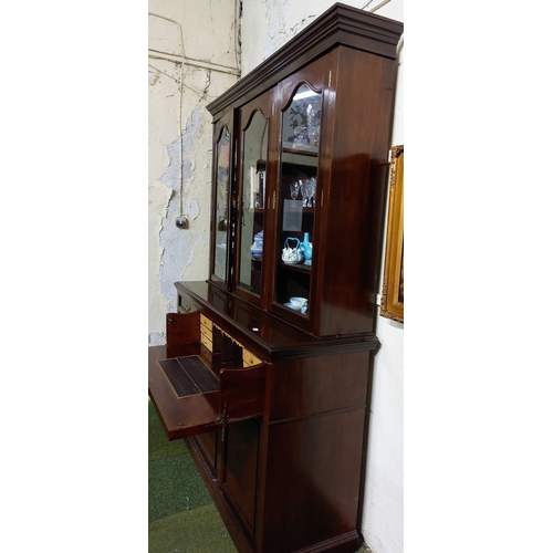 801 - Fine Mahogany 3 Door Glazed Secretaire Bookcase with Gilt Tooled Leather Slope - C. 168cm W x 53cm D... 