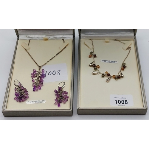 1008 - 2 Sterling Silver Necklaces - Citrine & Garnet and an Amethyst Stone Necklace with Matching Earrings