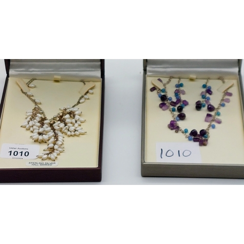 1010 - 2 Sterling Silver Necklaces - One with Freshwater Pearls and Other with Coloured Stones and Matching... 