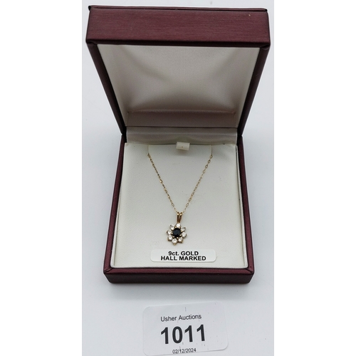 1011 - 9 ct Gold Chain with Cubic Zirconia and Sapphire Stone Pendant