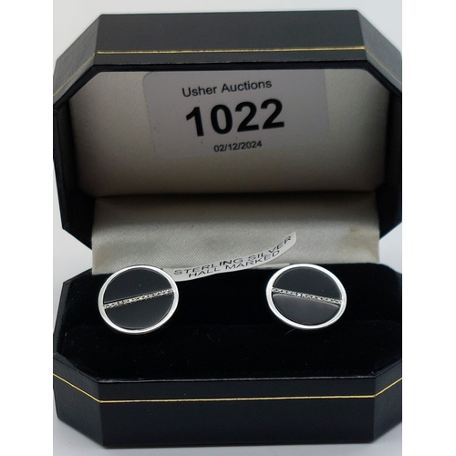 1022 - Pair of Sterling Silver Onyx and Diamond Cufflinks