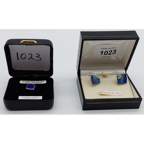 1023 - Pair of Sterling Silver Cufflinks and Sterling Silver Tie Button