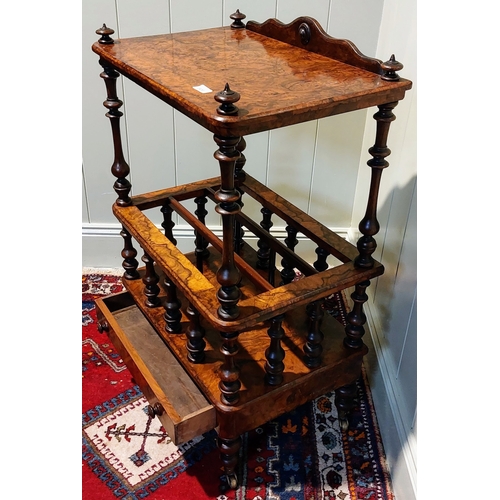 806 - Burr Walnut Canterbury with Drawer and Brass Castors - C. 60cm W x 40cm D x 95cm H