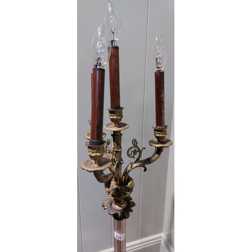 830 - Tall Floor Standing Brass and Crystal 4 Branch Candelabra Lamp - C. 120cm H