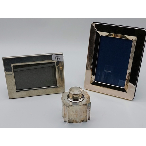 834 - 2 Silver Plate Picture Frames and Silver Plated Lidded Jar