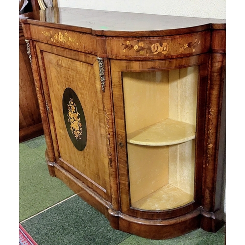 837 - Victorian Walnut Credenza with Floral Inlay and Curved Glass Doors - C. 147cm W x 44cm D x 103cm H