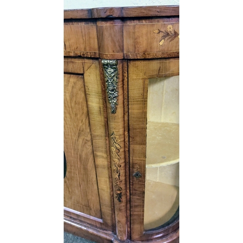 837 - Victorian Walnut Credenza with Floral Inlay and Curved Glass Doors - C. 147cm W x 44cm D x 103cm H