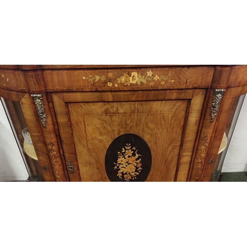 837 - Victorian Walnut Credenza with Floral Inlay and Curved Glass Doors - C. 147cm W x 44cm D x 103cm H