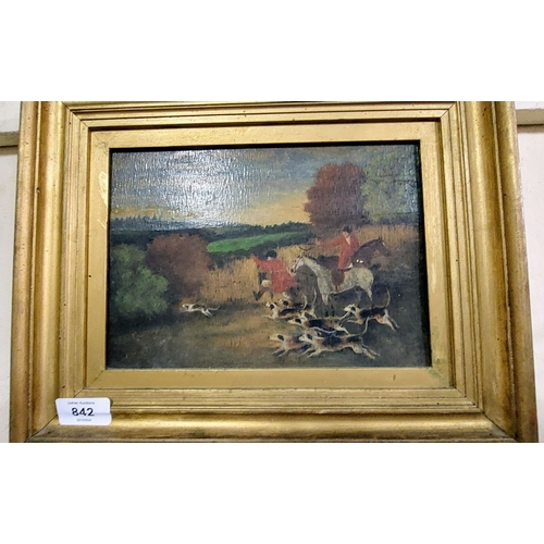 842 - Set of 4 Gilt Frame Oil on Board Hunting Scenes - C. 36cm W x 28cm H (measurement inc frame)