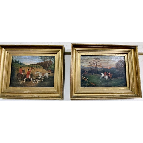 842 - Set of 4 Gilt Frame Oil on Board Hunting Scenes - C. 36cm W x 28cm H (measurement inc frame)