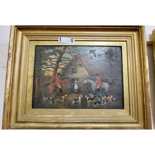 842 - Set of 4 Gilt Frame Oil on Board Hunting Scenes - C. 36cm W x 28cm H (measurement inc frame)