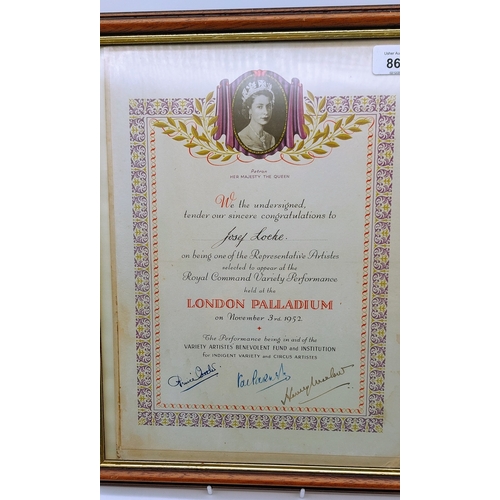 867 - Framed Poster of the Royal Performance, London Palladium, 3rd November 1952 & Signed Congratulations... 