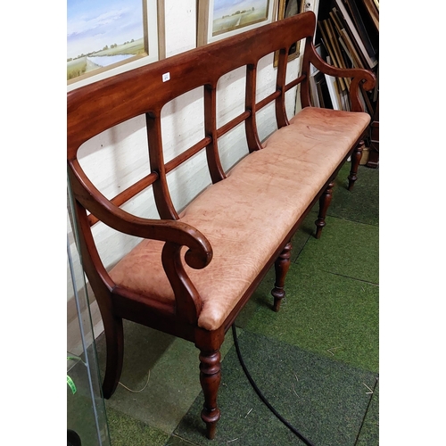 871 - Fine Victorian Mahogany Leather Seat Bench with Scrolled Armrests and Turned Legs - C. 196 cm W x 38... 