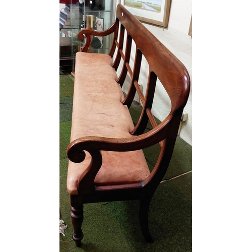 871 - Fine Victorian Mahogany Leather Seat Bench with Scrolled Armrests and Turned Legs - C. 196 cm W x 38... 